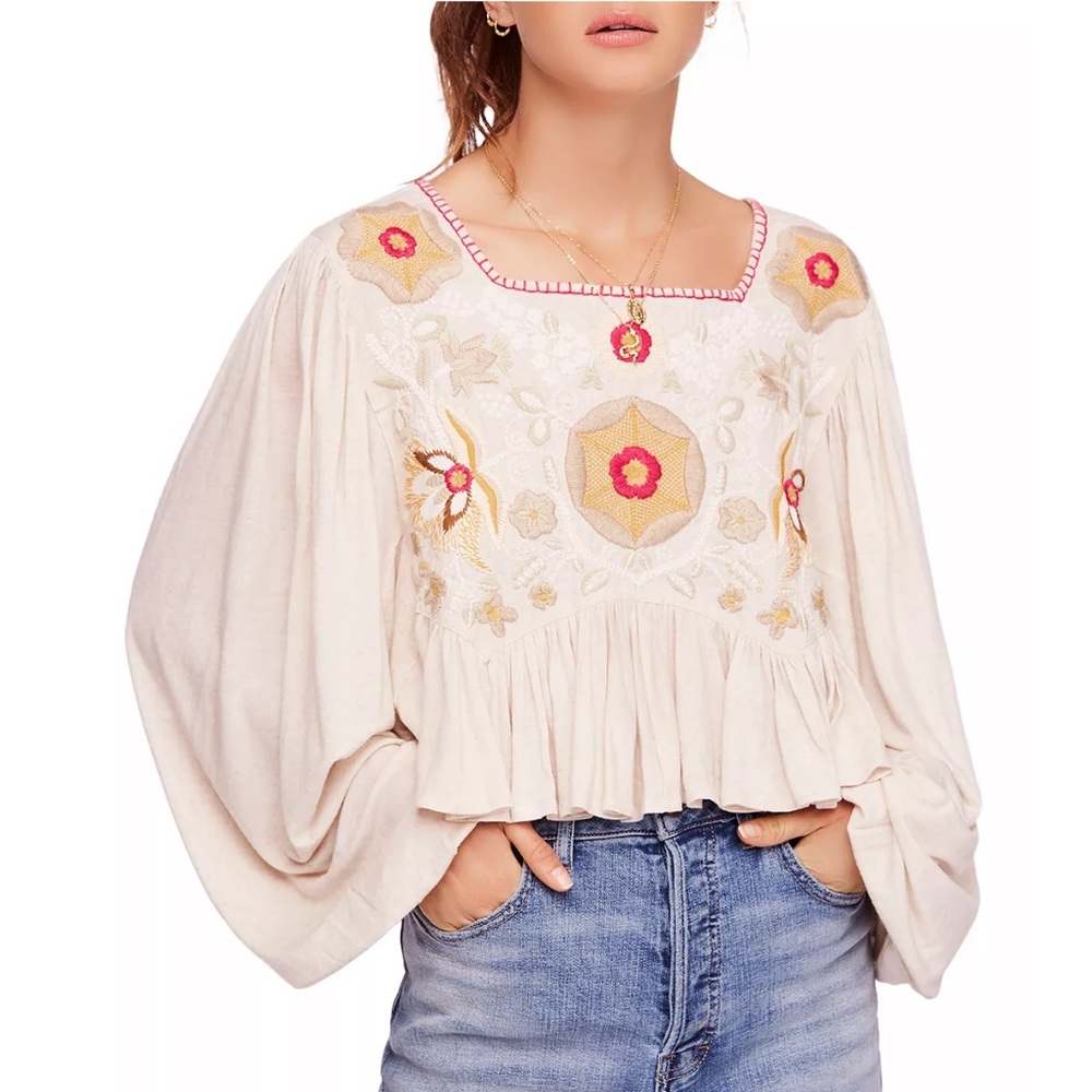 NWT Free People boho flowy balloon sleeve embroidered crop top